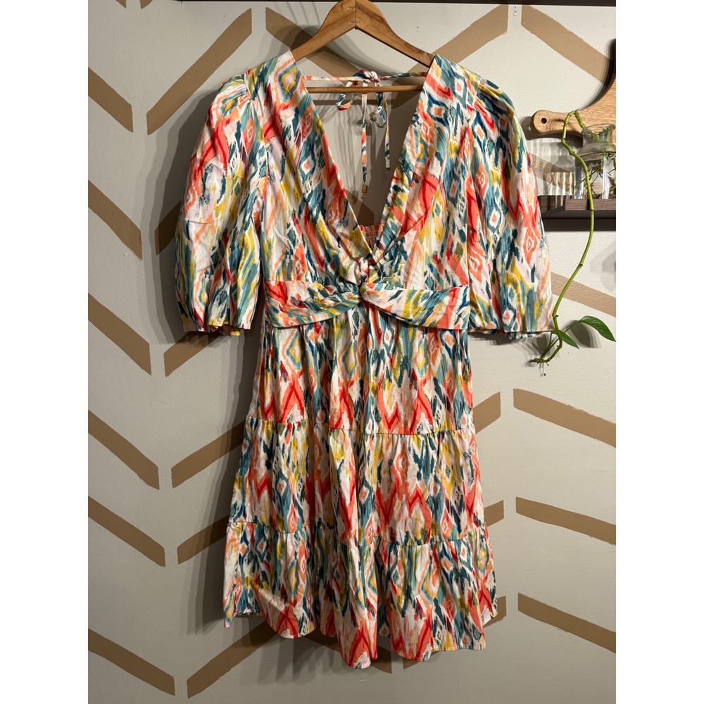 Veronica M Mini Dress Womens XL Multicolor Ikat Puff Sleeve V-Neck DSS-2812